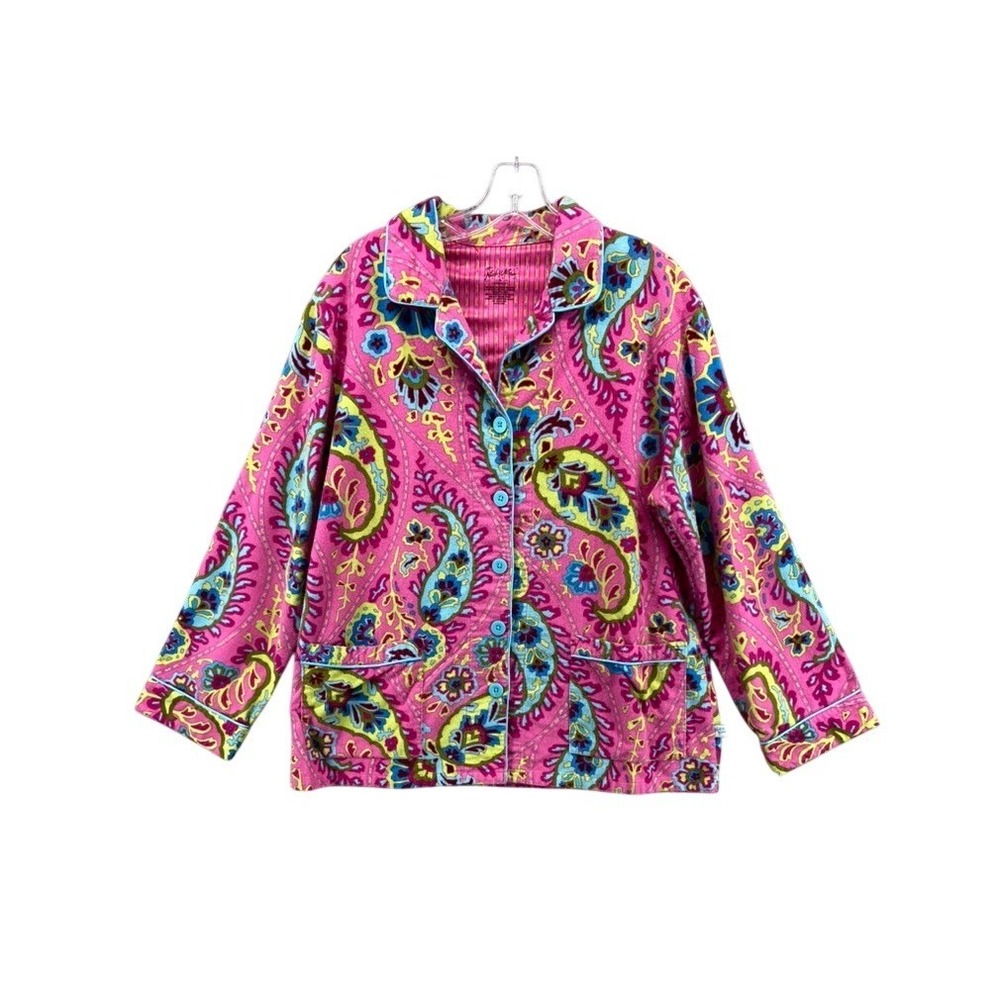 Nick & Nora Pajama Top Womens XL Pink Paisley Flannel Button Up Pockets Retro